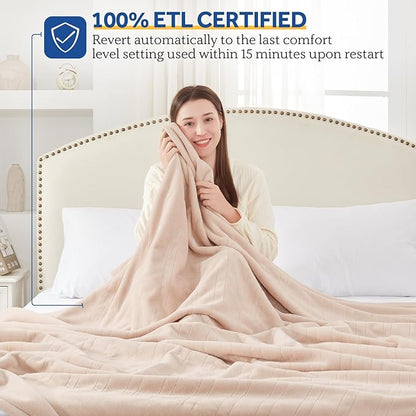 Sealy Electric Blanket Queen Size, Flannel Heated Blanket with 10 Heating Levels & 1-12 Hours Auto Shut Off, Fast Heating Warm Blanket, Machine Washable, Beige, 84 x 90 Inch