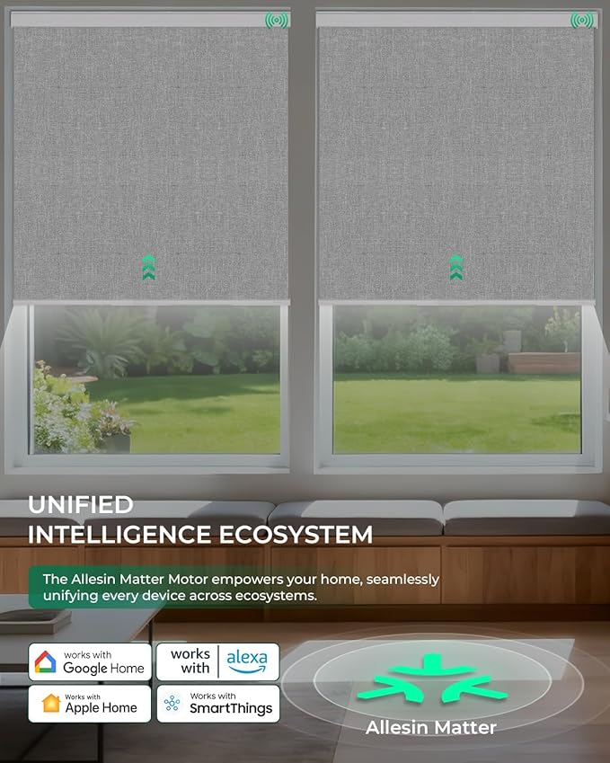 Allesin Motorized Roller Blinds – Rechargeable Smart Shades with Remote & Quiet Motor, Top/Bottom Aluminum Rails, Alexa-Compatible for Window (Custom Size, 100% Blackout Stone-Weave)