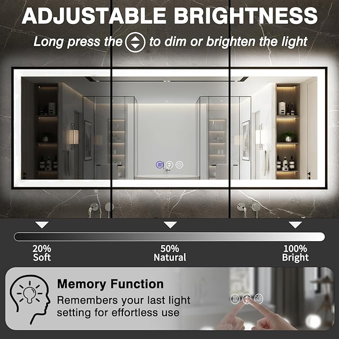 28x36 Lighted Bathroom Mirror, Wall-Mounted, Black Rim Mirror, Vanity(Front and Backlit), Stepless Dimmable CRI90+, Anti-Corrosion, Anti-Rust, Touch Sense, Memory(Horizontal/Vertical)