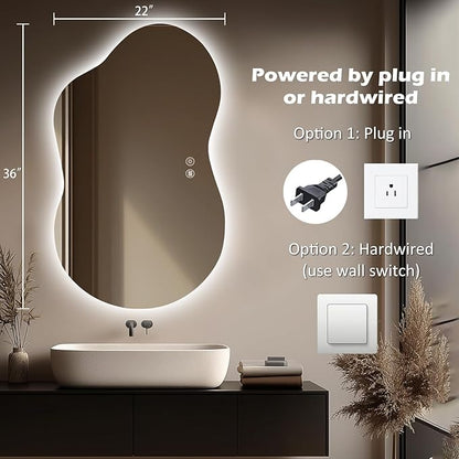 LED Bathroom Mirror with Lights 22x36, Stepless Dimmable Irregular Backlit Mirror with 3 Colors, Anti-Fog, Memory, Al-Alloy Lampshade, Frameless Smart Mirror for Bathroom (Horizontal/Vertical)
