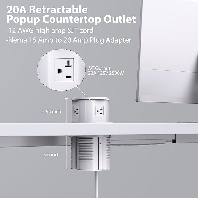 ANNQUAN 20 Amp Pop Up Countertop Outlet with 15W Wireless Charger,Max 65W Power Delivery,4.75" Pop Up Electrical Outlet with 3 Outlets 3 USB Ports for Home Office