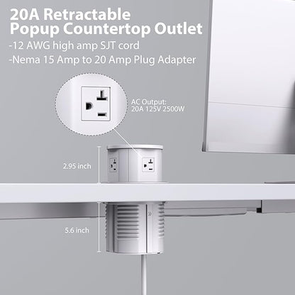 ANNQUAN 20 Amp Pop Up Countertop Outlet with 15W Wireless Charger,Max 65W Power Delivery,4.75" Pop Up Electrical Outlet with 3 Outlets 3 USB Ports for Home Office