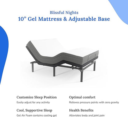 Blissful Nights e4 Split King Adjustable Bed Base Frame with 10" Medium Firm Gel Infused Memory Foam Mattress