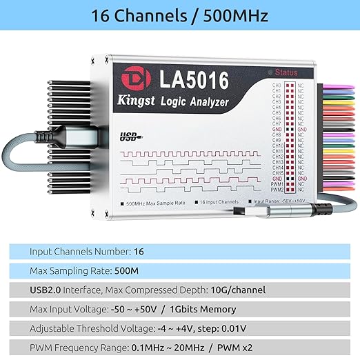 LA5016 USB Logic Analyzer - 16 Channels 500MS/s 10GB Depth PWM Generator, MCU ARM FPGA Debug Tool, English Software, Support for Windows, macOS, Linux