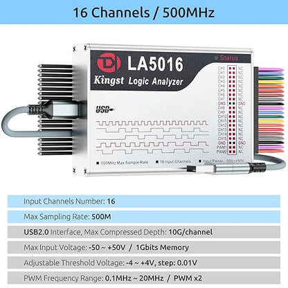 LA5016 USB Logic Analyzer - 16 Channels 500MS/s 10GB Depth PWM Generator, MCU ARM FPGA Debug Tool, English Software, Support for Windows, macOS, Linux