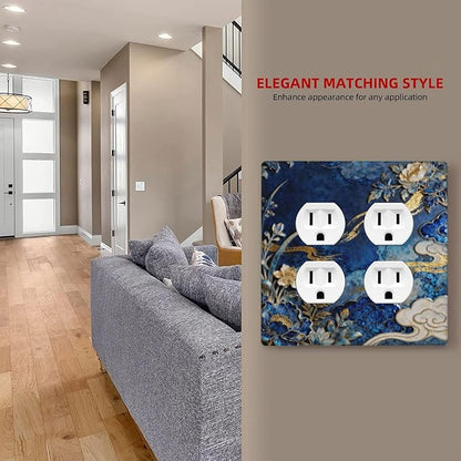 Decorative Outlet Covers Blue White Flower Gold Line Cloud 2 Gang Light Switch Cover Plate Double Duplex Wall Plates for Electrical Outlets Switch Plate Covers for Bedroom Home Decor