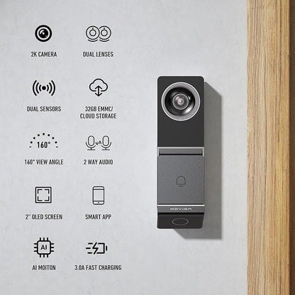 Havion D2 Wired Video Doorbell Camera - by NIU Inno., Incl. Chime, Dual Cameras, 5MP 3K QHD, 2'' Screen, 32GB eMMC, AI Motion Detection Real-time Alerts, 2-Way Audio, Battery & Wired Power Optional