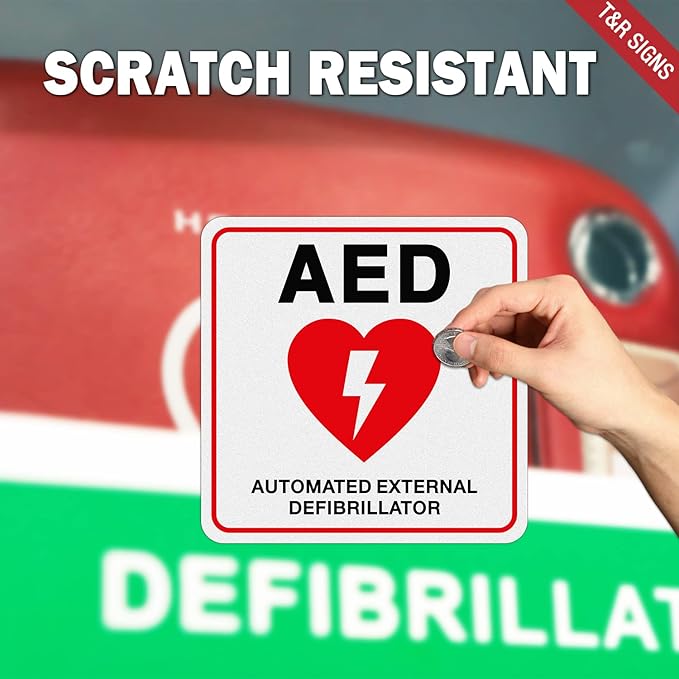 T&R AED Stickers - 10 Pack - 5 x 5 Inches Reflective Label, UV resistant, waterproof, fade and scratch resistant, suitable for indoor and outdoor