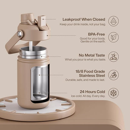 Kids Insualated Water Bottle with Straw - 12oz Stainless Steel Water Bottle with Dual Spouts, Leak-Proof, BPA-Free, Double Wall Vacuum Keeps Cold for 24 Hours for Sports, Travel, School (Raw Umber)