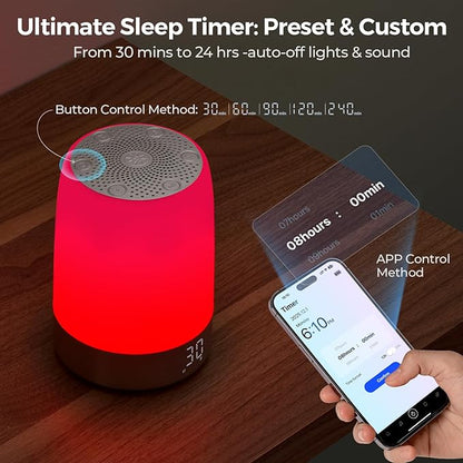 Smart Red Light Therapy Lamp & Sleep Sound Machine for Bedroom with Alarm Clock, Night Light with App Control, 5-Level Red Light (620–690nm), 32 White Noises, Custom Timer, 2600mAh Battery, 7 Alarms