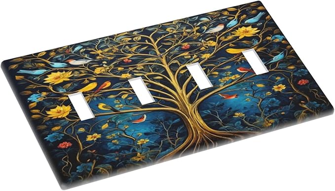 Gold Tree With Birds Flowers on Branches Light Switch Covers Quad Toggle 4 Gang Wall Plate Decorative Switchplate Electrical Faceplate for Farmhouse Bathroom Living Decor