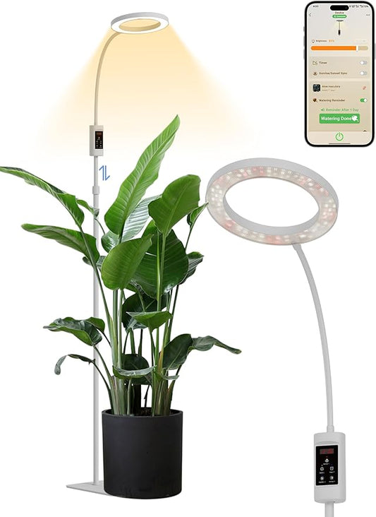 GLOWRIUM Smart Grow Lights for Indoor Plants, 24W Full Spectrum Plant Lights with Bluetooth App, Adjustable Height 47-70.9", Auto Timer, Indoor Plant Lamp for Large Tall Plants（White 24W）