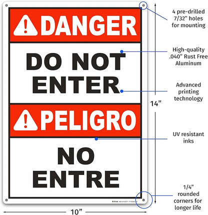 Brimar - 10" x 14" - Bilingual Danger Do Not Enter Sign - .040″ Rust-Free Aluminum - Safety Promotion - Easy Installation