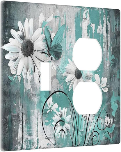 Wallplates Teal Daisy Floral Vintage Wood Plank 1 Toggle 1 Duplex Switch Plate Electrical Gfci Faceplate Decorative Light Switch Covers For Farmhouse Cabin Decor