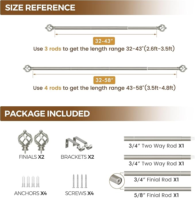 KAMANINA Silver Curtain Rod 32 to 58 Inch(2.6-4.8ft), Adjustable Curtain Rods for Windows 28 to 48 Inch, 3/4 Inch Splicing Drapery Rods with Twisted Cage Finial