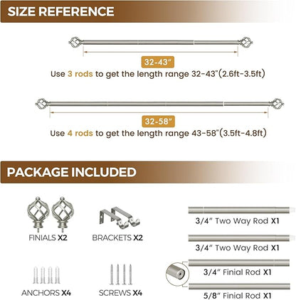 KAMANINA Silver Curtain Rod 32 to 58 Inch(2.6-4.8ft), Adjustable Curtain Rods for Windows 28 to 48 Inch, 3/4 Inch Splicing Drapery Rods with Twisted Cage Finial