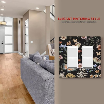 Decorative Outlet Covers Rustic Black Butterfly Flowers Leaves 2 Gang Wall Plate Double Rocker Two Switch Wall Cover Plate Jumbo Dual GFCI Faceplate for Country Bedroom Home Decor