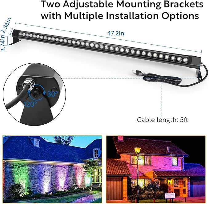 2Pack RGB Outdoor Wall Washer Lights, 72W 48 Inch Dimmable LED Wall Washer Light Bars with Remote, 120V IP67 Waterproof Led Light Bar for Yard Building Christmas Decorations, Plug and Play
