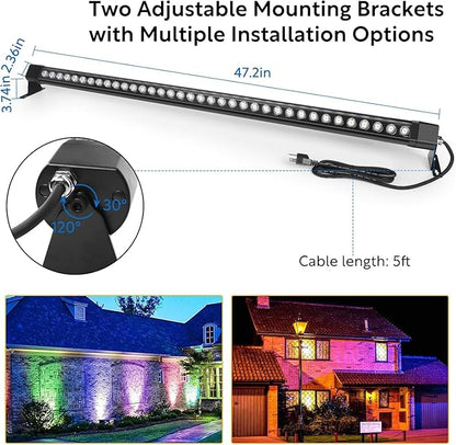 2Pack RGB Outdoor Wall Washer Lights, 72W 48 Inch Dimmable LED Wall Washer Light Bars with Remote, 120V IP67 Waterproof Led Light Bar for Yard Building Christmas Decorations, Plug and Play