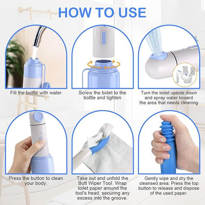 Portable Bidet Toilet Aids Wiper Tool Set for Travel | 350ML Bottle | 450mAh Battery | IPX7 Waterproof |Compact & High-Powered with 2 Pressure Modes for Wiping and Personal Hygiene (Blue, Ultra)
