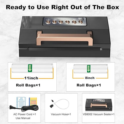 2025 Black Stainless Steel Food Vacuum Sealer, VACAPEX Deluxe Vacuum Sealer Machine with 11" Double Heat Seal and Automatic One-Touch System, Bags Storage & Cutter, Easy-Lock Handle with 2 Bag Rolls