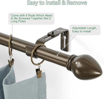 Curtain Rods for Windows 16 to 92 inches, Curtain Rod Max Adjustable Length to 104 in, Drapery Rod 1 inch Diameter with Modern Knobs Finials (Brown, 16" to 92" - Set of 2)