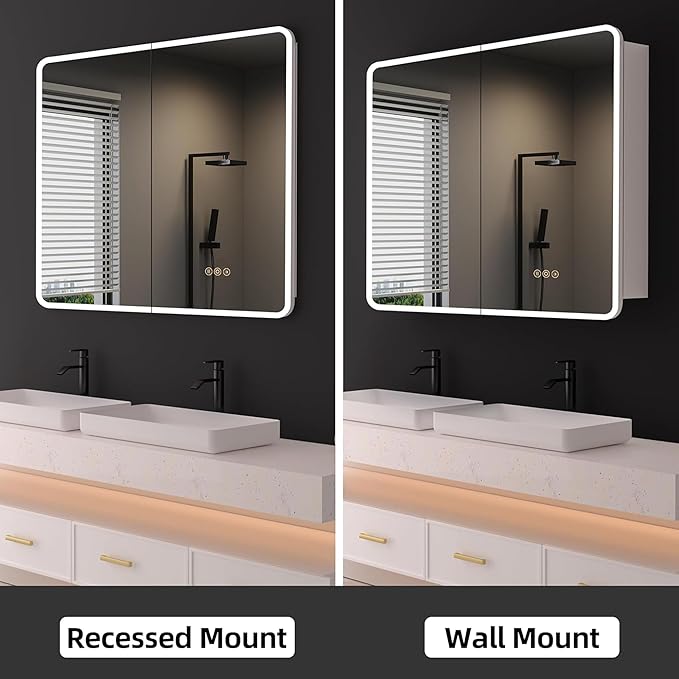 Medicine Cabinet with LED Lights and Mirror, 48 x 32 Inch Surface or Recessed Mounted Bathroom Cabinets with Door, Defogger, Memory Function, 3-Color Mode, Outlet&USB, Dimmer, Storage