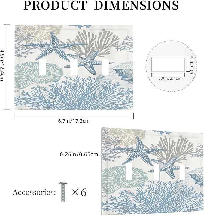 Decorative Light Switch Plate Covers Blue Starfish Coral Seaweed 3 Gang Light Switch Cover Plate Triple Toggle Wall Plate Outlet Covers for Bathroom Bedroom Decor