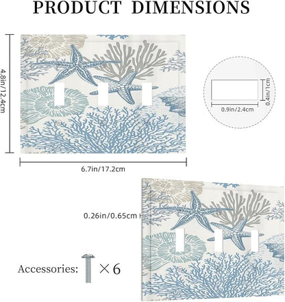 Decorative Light Switch Plate Covers Blue Starfish Coral Seaweed 3 Gang Light Switch Cover Plate Triple Toggle Wall Plate Outlet Covers for Bathroom Bedroom Decor