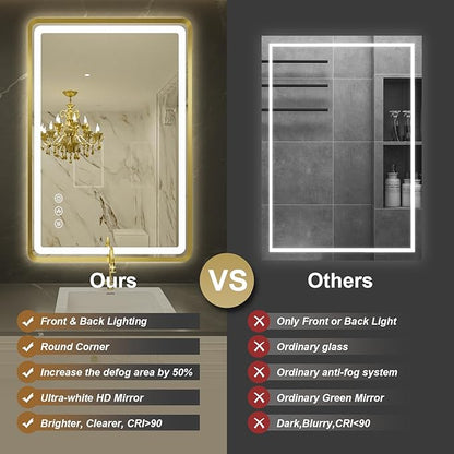 24''x36'' Gold Framed LED Bathroom Mirror with Lights, Built-in Bluetooth Speaker, Dimmable Lighted Bathroom Vanity Mirror with 3 Colors, Backlit + Frontlit, Memory Function, Anti-Fog