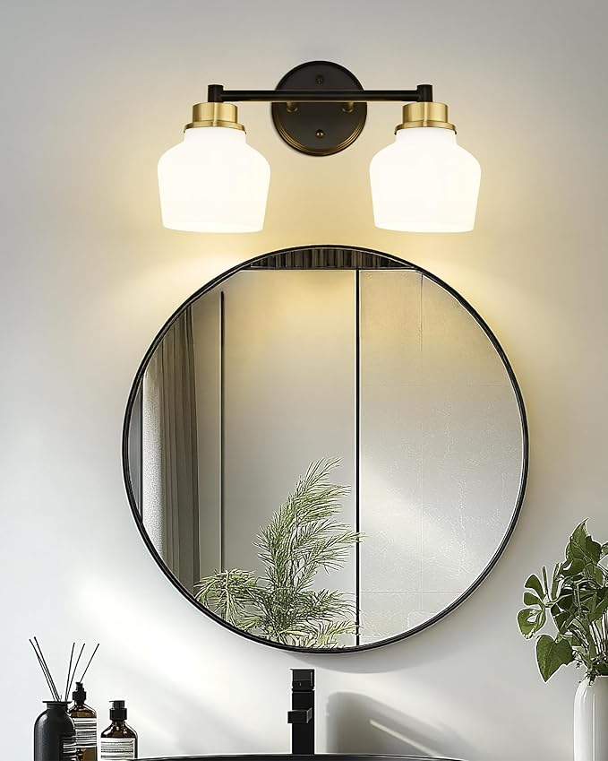 Emak Black and Gold Bathroom Light Fixtures Over Mirror, 2-Light Bathroom Vanity Light with Milk Glass Shade, Modern Farmhouse Vanity Lights for Bath,Mirror, VL122-BKBGD-ML-2