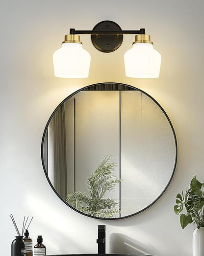 Emak Black and Gold Bathroom Light Fixtures Over Mirror, 2-Light Bathroom Vanity Light with Milk Glass Shade, Modern Farmhouse Vanity Lights for Bath,Mirror, VL122-BKBGD-ML-2