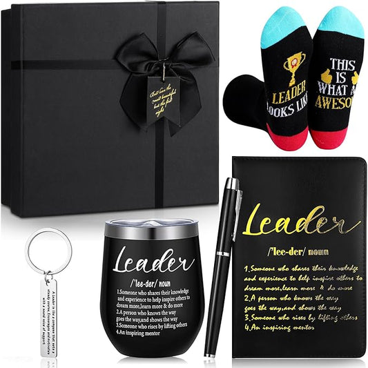 6 Pcs Great Leaders Gifts for Men Boss Manager PM Mentor Supervisor Gifts 12 oz Stainless Steel Cup Socks Keychain Pen Notebook Box for Appreciation Retirement Farewell Gift