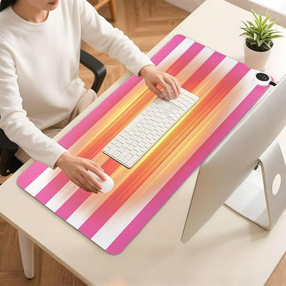 Heated Desk Pad Mouse Pad 31.5x13 Inch PU Leather Desk Mat with 3 Heat Levels Large Mouse Gaming Computer Laptop Mat Hot Pink White Stripes