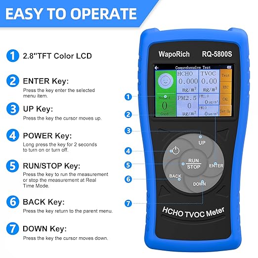 Air Quality Monitor PM2.5/PM10 Particle Counter, Ammonia Gas Detector Formaldehyde Detector Indoor/Outdoor Air Pollution Detection TVOC Volatile Organic Compound Gas USB Rechargeable