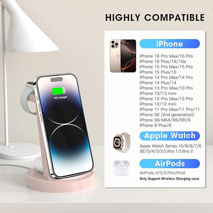 Anlmz 3 in 1 Charging Station for iPhone, Wireless Charger for iPhone 17 16e 16 15 14 13 12 11 X Pro Max & Apple Watch - Charging Stand Dock for AirPods (Pink)