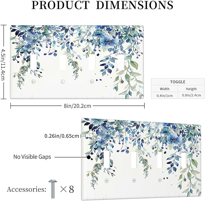 Light Switch Covers Boho Vintage Flowers Blue Green Sage Quad Toggle Electrical Faceplate 4 Gang Wall Plate Decorative Switch Plates for Bedroom Farmhouse Decor