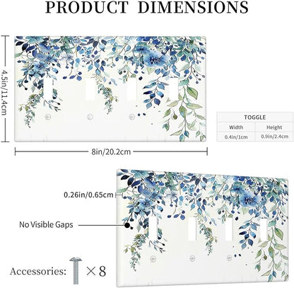 Light Switch Covers Boho Vintage Flowers Blue Green Sage Quad Toggle Electrical Faceplate 4 Gang Wall Plate Decorative Switch Plates for Bedroom Farmhouse Decor