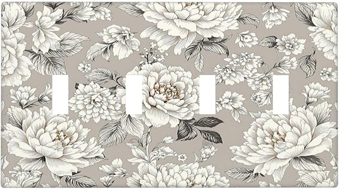 White Poppies Floral Modern Grey Peonies Flowers Light Switch Covers Quad Toggle 4 Gang Wall Plate Decorative Switch Plates Electrical Faceplate for Bedroom Bathroom Decor