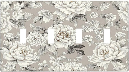 White Poppies Floral Modern Grey Peonies Flowers Light Switch Covers Quad Toggle 4 Gang Wall Plate Decorative Switch Plates Electrical Faceplate for Bedroom Bathroom Decor