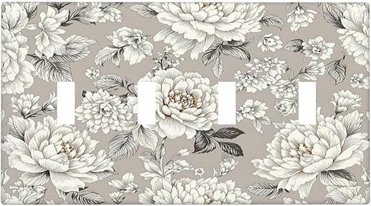 White Poppies Floral Modern Grey Peonies Flowers Light Switch Covers Quad Toggle 4 Gang Wall Plate Decorative Switch Plates Electrical Faceplate for Bedroom Bathroom Decor