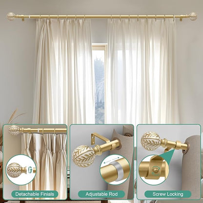 Gold Curtain Rods for Windows 48 to 84 inch,1" Adjustable Heavy Duty Window Curtain Rod with Leaf Finials,Rustic Decorative Drapery Rods Set,Size:36-88''