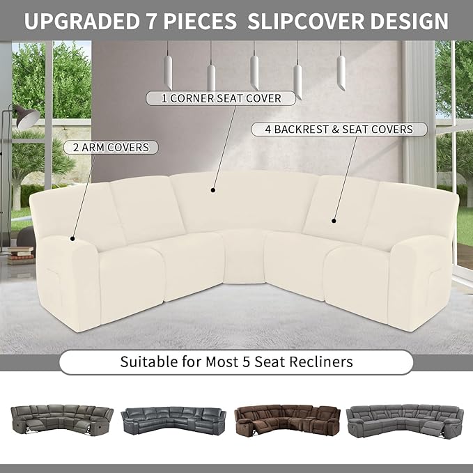 Easy-Going 100% Waterproof Recliner Cover, Stretch Couch Covers for Reclining Couches, Extra Large Sectional Sofa Slipcover, L-Shape Furniture Protector for Kids & Pets, 5 Seater, Beige