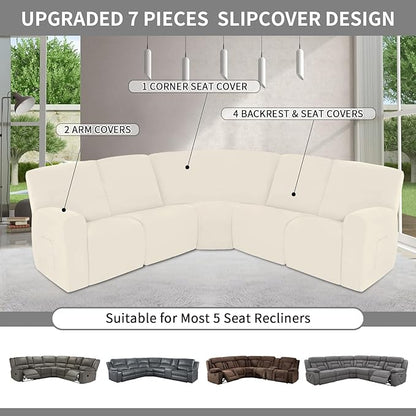 Easy-Going 100% Waterproof Recliner Cover, Stretch Couch Covers for Reclining Couches, Extra Large Sectional Sofa Slipcover, L-Shape Furniture Protector for Kids & Pets, 5 Seater, Beige