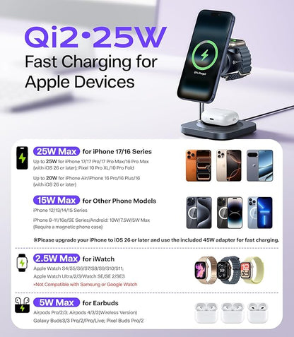 Qi2.2 Certified 25W Fast Charging Station with Cooling Fan, 3 in 1 Wireless Charger Design for MagSafe Charger for iPhone 17/16(iOS 26)/Pixel 10, Charging Stand with 45W Adapter for iWatch & AirPods