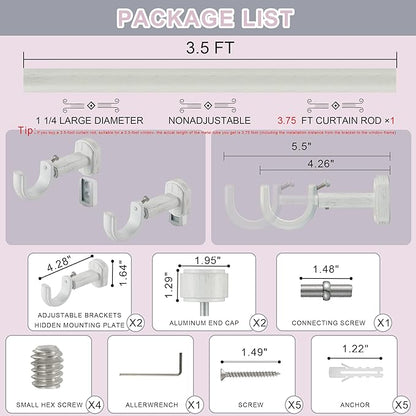Heavy Duty Curtain Rods,1 1/4" Large Diameter Premium Nonadjustable Curtain Rod,42in/3.5ft Custom Window Treatment Rods with Durable Aluminum Brackets and End Caps,White Finish