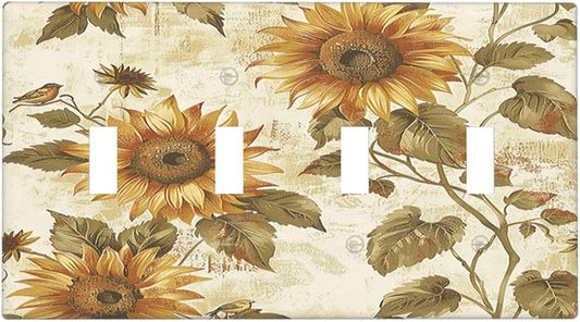 Light Switch Covers Rustic Sunflower Floral Pattern Quad Toggle Electrical Faceplate 4 Gang Wall Plate Decorative Switch Plates for Bedroom Cabin Decor