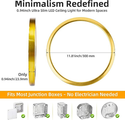 Hlite 4pack 12 inch Flush Mount LED Ceiling Light Fixture,24W 2400LM Super Slim Light Fixtures Ceiling Mount 3000K/4000K/5000K 3CCT Selectable,Light Fixtures for Kitchen,Bedroom (Gold)