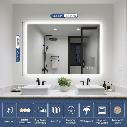 STARLEAD 40"x28" LED-Bathroom-Mirror-with-Lights, Wall-Mounted with Bluetooth Speaker, Anti-Fog, 3 Color Temperature, Dimmable Brightness, Waterproof, Tempered Glass, Frontlit & Backlit