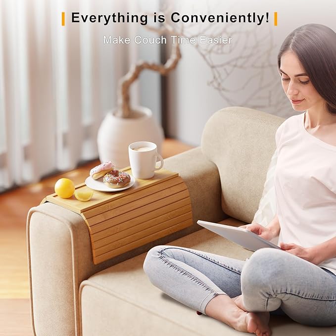 Bamboo Sofa Armrest Tray - Couch Arm Tray with Detachable Couch Cup Holder - 2 in 1 Anti-Slip Foldable Sofa Armchair Caddy Table for Drinks Cellphone TV Remote Snacks